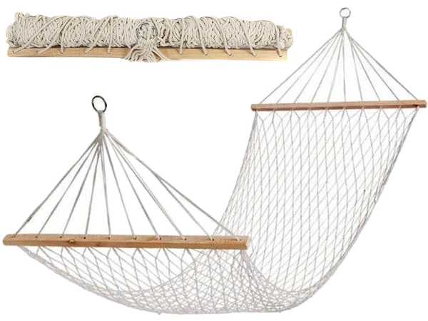 Záhradná hojdacia sieť z drevených lán boho pletená biela