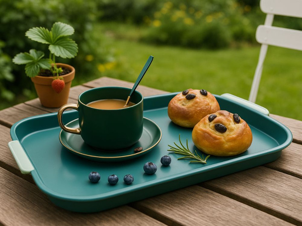 Küchentablett zum servieren von frühstück, getränken, kuchen und desserts aus kunststoff