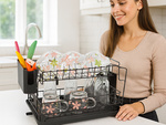 Two-level dish dryer for plates, cutlery and cups with drip tray