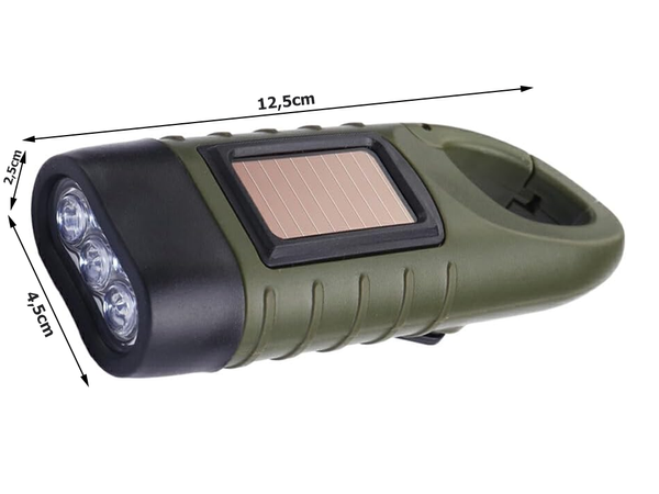 DYNAMO SOLAR 3 LED KINETIC HAND-CRANK FLASHLIGHT WITH CLIP