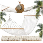 Hamac de jardin corde filet bois croisillons boho tressé blanc