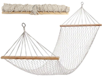 Hamac de jardin corde filet bois croisillons boho tressé blanc