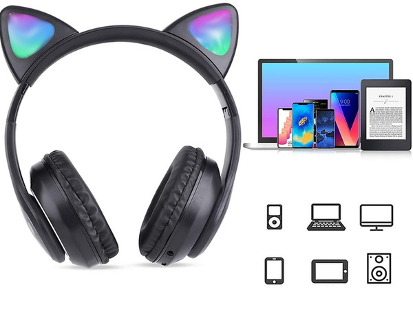 Belaidės ausinės "bluetooth" radijo fm mp3 katės ausys led apšvietimas
