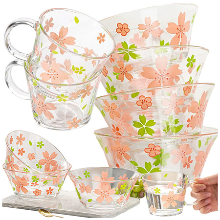 Set de table avec bols, tasses, tasses à café et saladiers en verre, motif fleurs, 6 pièces