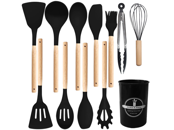 Juego de utensilios de cocina de silicona y madera accesorios cucharas 12 piezas