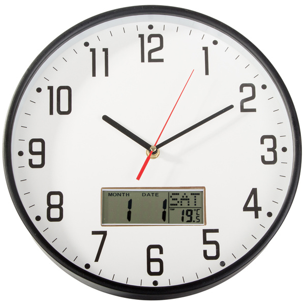 Reloj de pared grande silencioso 30cm redondo puntero fecha temperatura madera