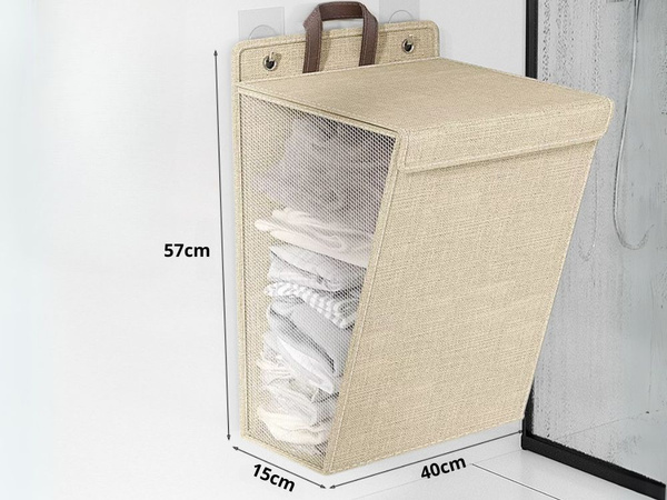 Folding laundry basket for bathroom laundry room wall door beige
