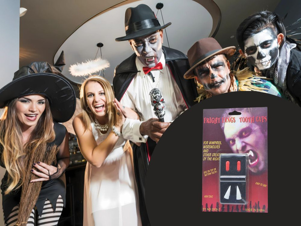 Vampiro drácula hombre lobo kit halloween dientes postizos con sangre falsa