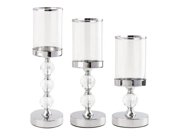 Candle holders glamour metal crystal glass set chrome 3 pcs