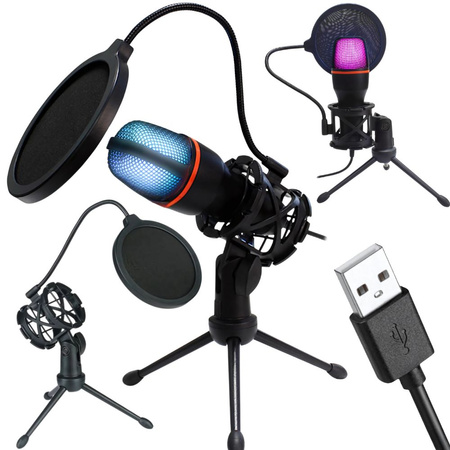Studiový mikrofon usb rgb stativ pro počítačový stream herní kardioida