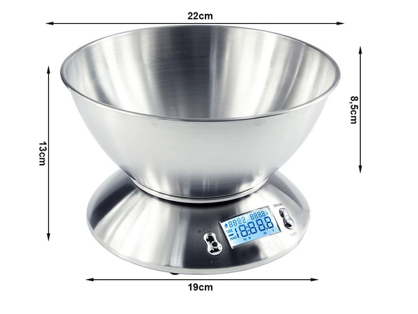 Electronic kitchen scale digital with bowl 5kg lcd silver metal