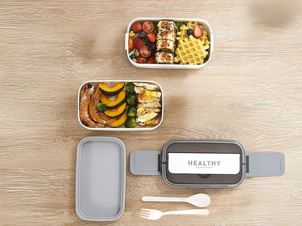 Breakfast box with compartments two-tier container xxl cutlery lunchbox 1400ml