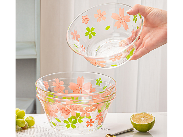 Pusdienu servīze bļodas krūzes tases salātu trauki no stikla ar ziedu rakstu, 6 gab.