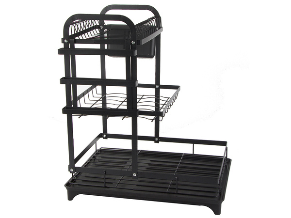 Two-level dish dryer for plates, cutlery and cups with draining tray