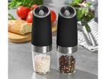 Electric gravity pepper and salt mill with lighting and adjustment