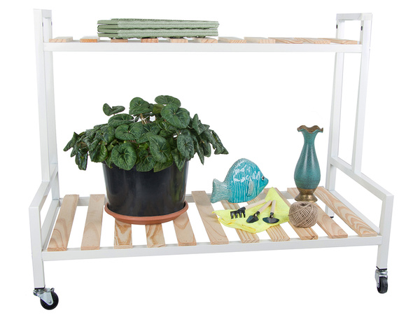 Puidust lillepeenar potilillede jaoks kahekorruseline riiul ratastel terrassil