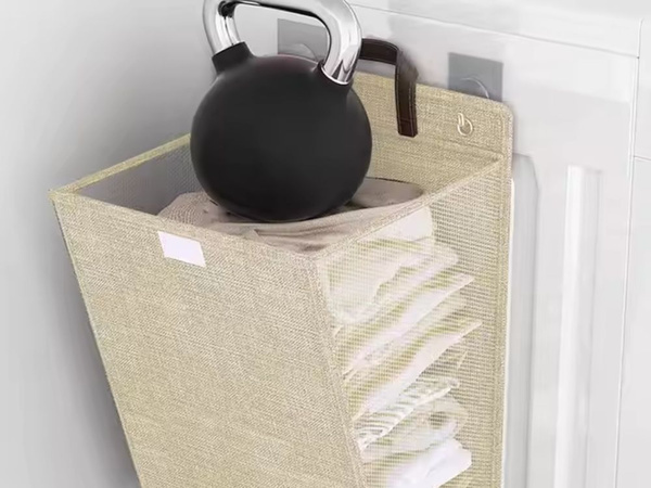 Folding laundry basket for bathroom laundry room wall door beige