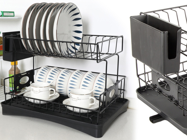 Secador de platos, cubiertos y tazas de dos niveles con bandeja