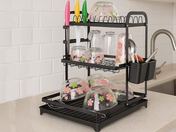 Two-level dish dryer for plates, cutlery and cups with draining tray