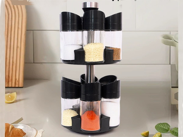 Rotating spice organiser, 12 glass containers, salt shaker