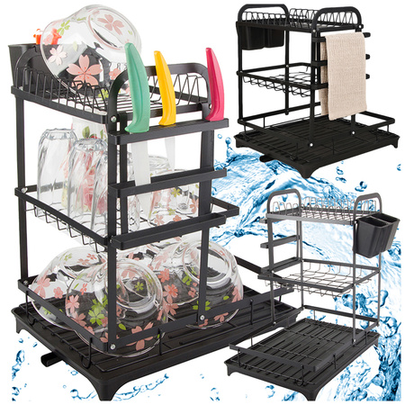 Two-level dish dryer for plates, cutlery and cups with draining tray