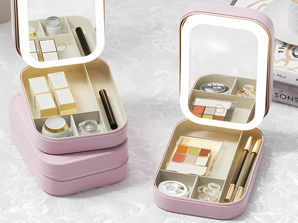 Make-up-spiegel mit led-beleuchtung organizer für reisekosmetik