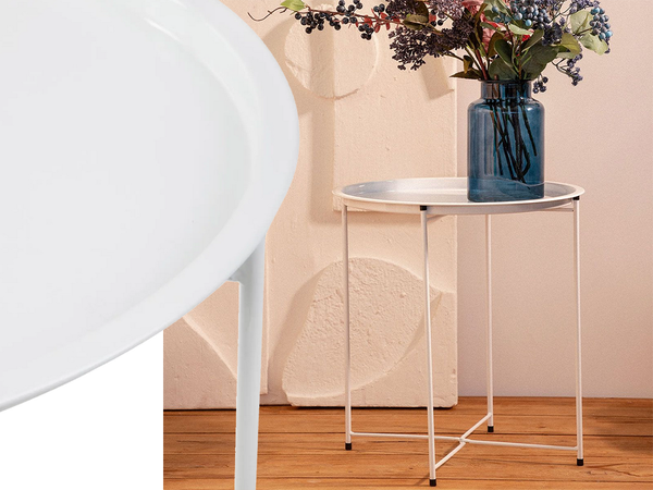 Mesa de centro redonda plegable de metal con bandeja para balcón terraza loft blanco