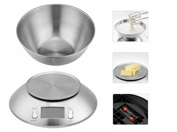 Cântar de bucătărie electronic digital cu bol 5kg lcd argint metalic