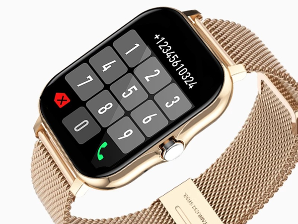 Montre connectée pour femme et homme, bracelet en caoutchouc, sport, Bluetooth, appels, dorée