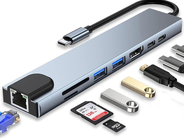 Hub adapter 8in1 connecteur 2x usb-c thunderbolt 3 2xusb hdmi sd rj45