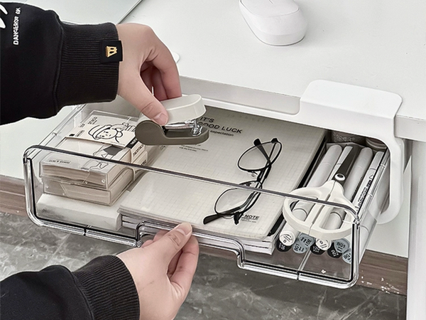 Drawer under desk top shelf container pull-out sliding organiser handle