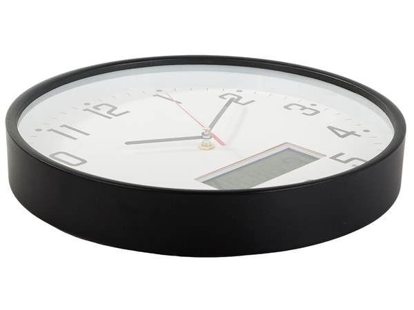 Horloge murale grand silencieux 30cm aiguille ronde date température bois