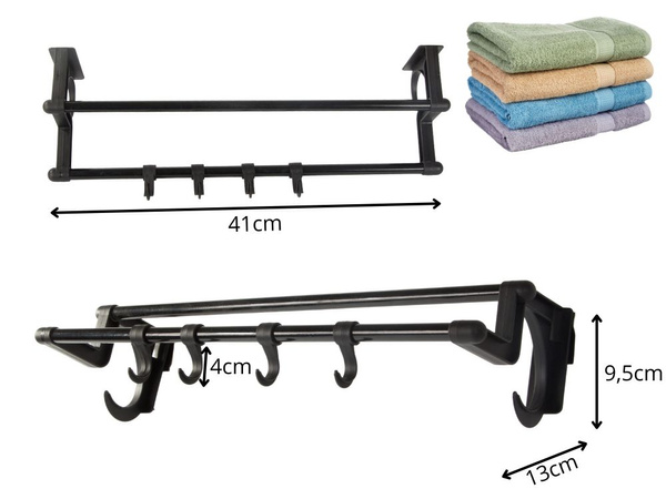 Colgador de baño negro para toallas y accesorios 40cm sin taladrar 4 ganchos