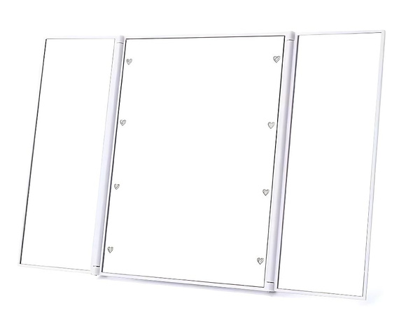 Sulankstomas veidrodis su kosmetikos stovu makiažui, led apšvietimu