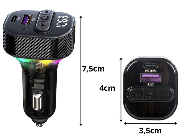 Transmitter do auta fm mp3/wma usb a+usb c 30w bluetooth 5.3 led qc 3.0