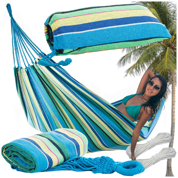 Colour striped garden hammak with single person 200x80 pocket etui