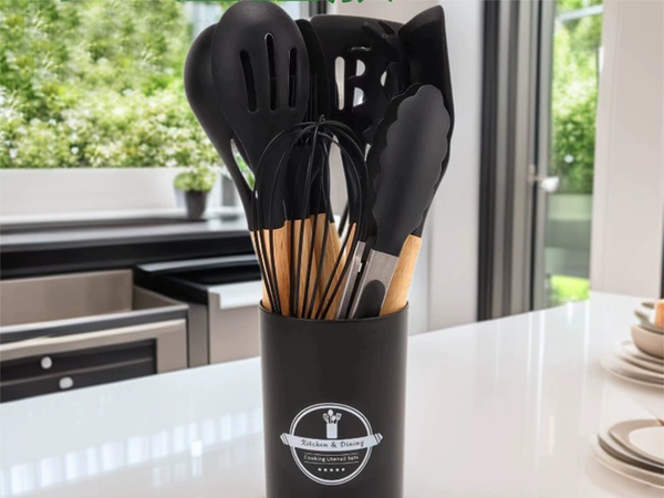 Juego de utensilios de cocina de silicona y madera accesorios cucharas 12 piezas