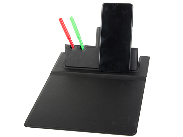 Mouse pad wireless inductive charger for phone organizer