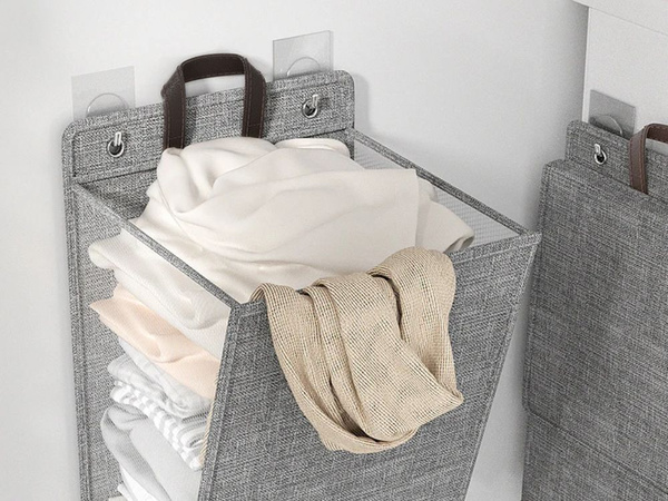 Folding laundry basket for bathroom laundry room wall door grey