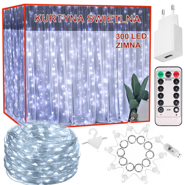 Valguskardin 300 led akna siseruumides garland külm värv kaugjuhtimispult 3m