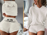 Pyjama deux pièces avec capuche pour femmes, doux et pelucheux, short m