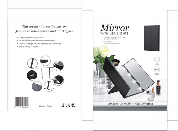 Miroir pliable avec support cosmétique pour maquillage, éclairé par led