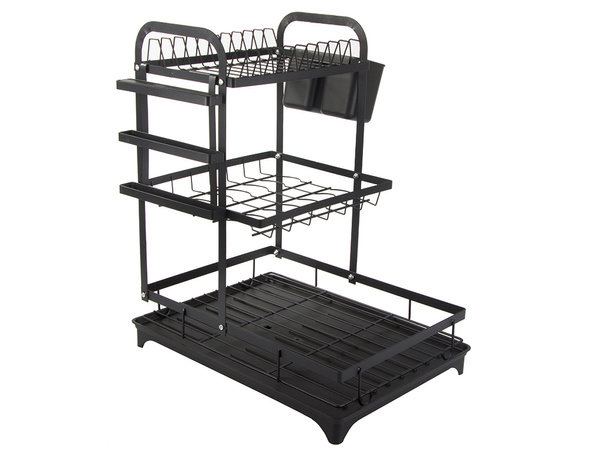 Two-level dish dryer for plates, cutlery and cups with draining tray