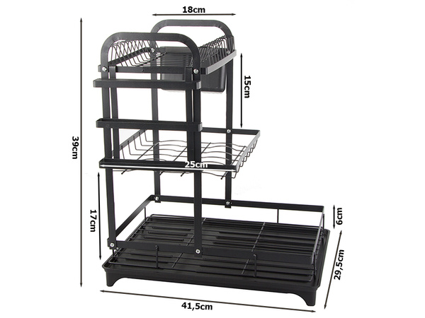 Two-level dish dryer for plates, cutlery and cups with draining tray