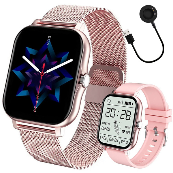Reloj inteligente para mujer y hombre con correa de goma, deportivo, Bluetooth, llamadas, rosa