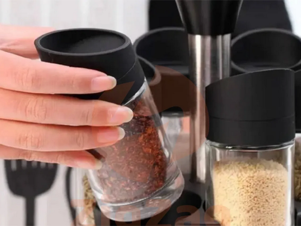 Rotating spice organiser, 12 glass containers, salt shaker