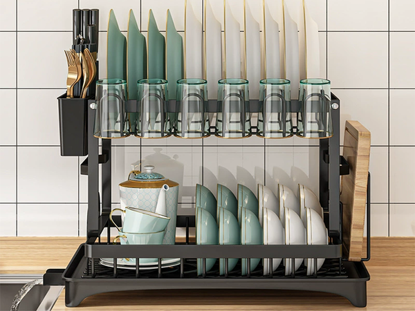 Dishwasher dryer plates cutlery cups two-level drainer with tray