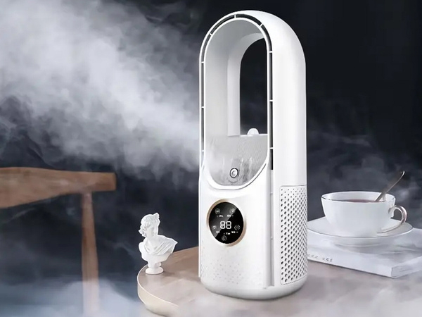Stolpec ventilatorja brez lopatic tiho stoji vlažilnik zraka