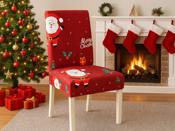 Karácsonyi székhuzat, dekoratív, univerzális, Mikulás, gumiszalaggal