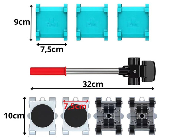 Sada pro přepravu nábytku páka a kolečka 4 ks + podložky
